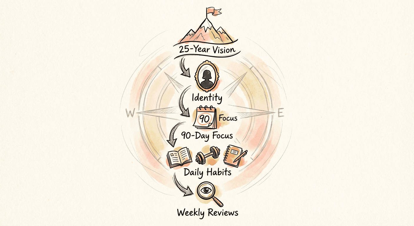 The Invisible Compass Framework: Vision → Identity → 90-Day Focus → Daily Habits → Weekly Reviews